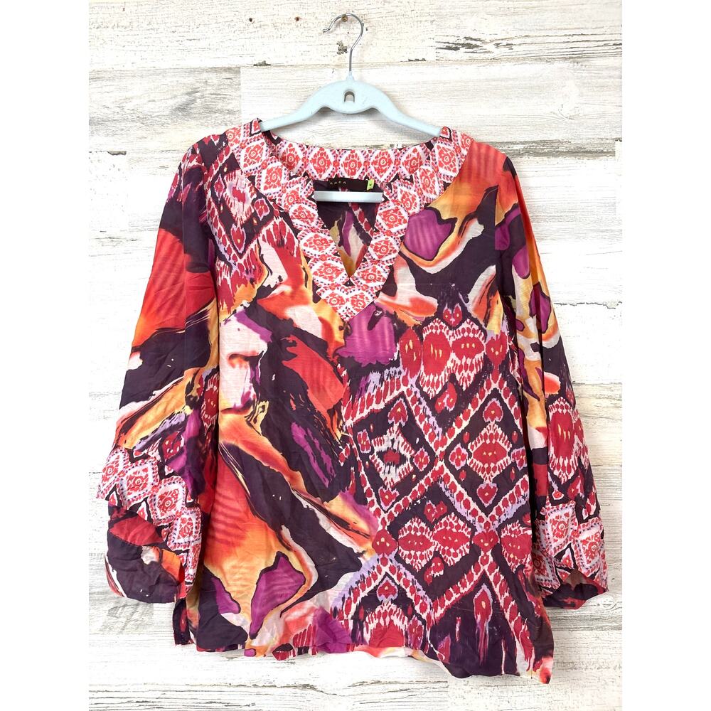 Area Womens M Pink Multicolor Silk Boho V Neck Lightweight Summer Blouse Top